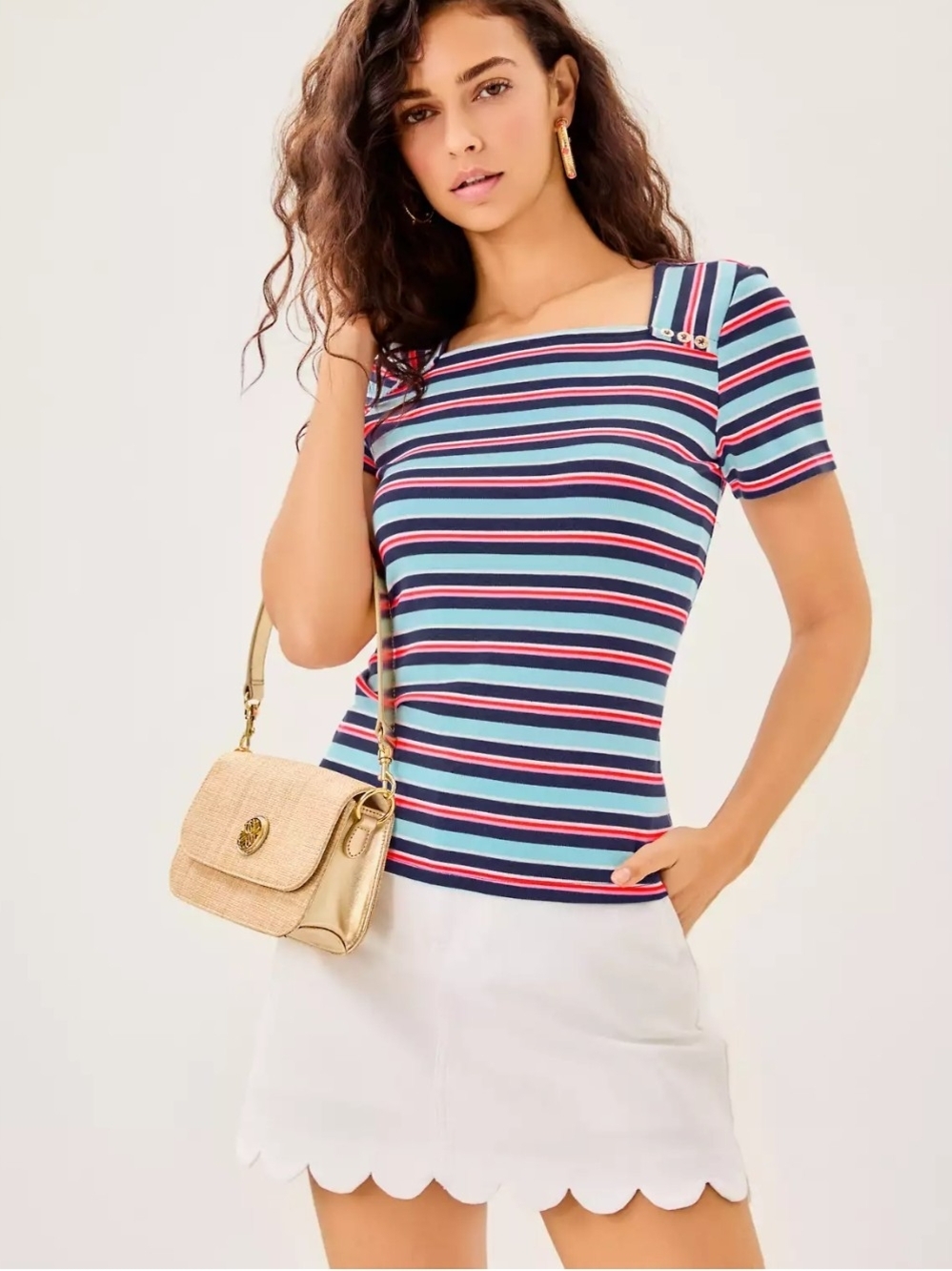 Lilly Pulitzer Beaty Knit Striped Square Neck Short Sleeve Top Shirt, XS